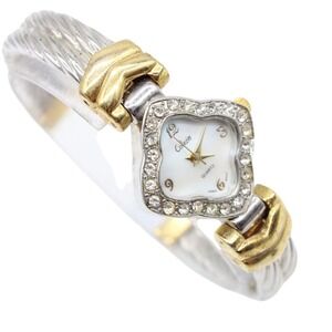Collezio Two Tone Twisted Cable Cuff Bangle Watch Rhinestone MOP Dial‎ Quartz